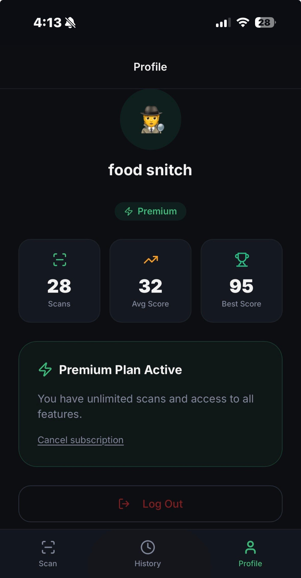 FoodSnitch profile with scan history and score stats
