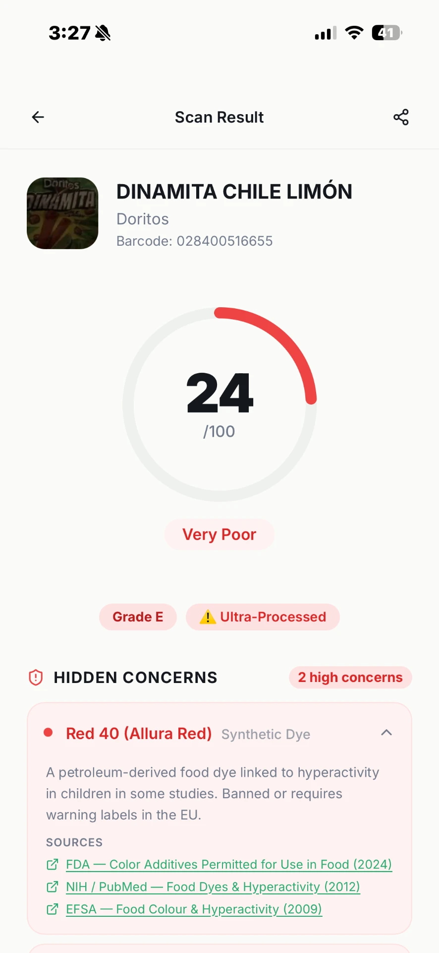 FoodSnitch scan result for a bag of chips scoring 24 out of 100